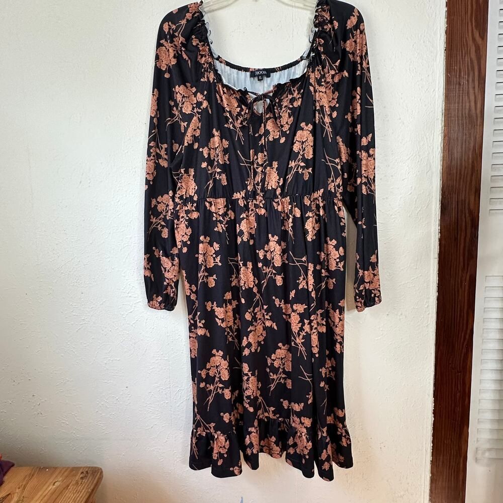 Kojooin Long sleeve Brown/Black Floral Tiered Dress Size XL